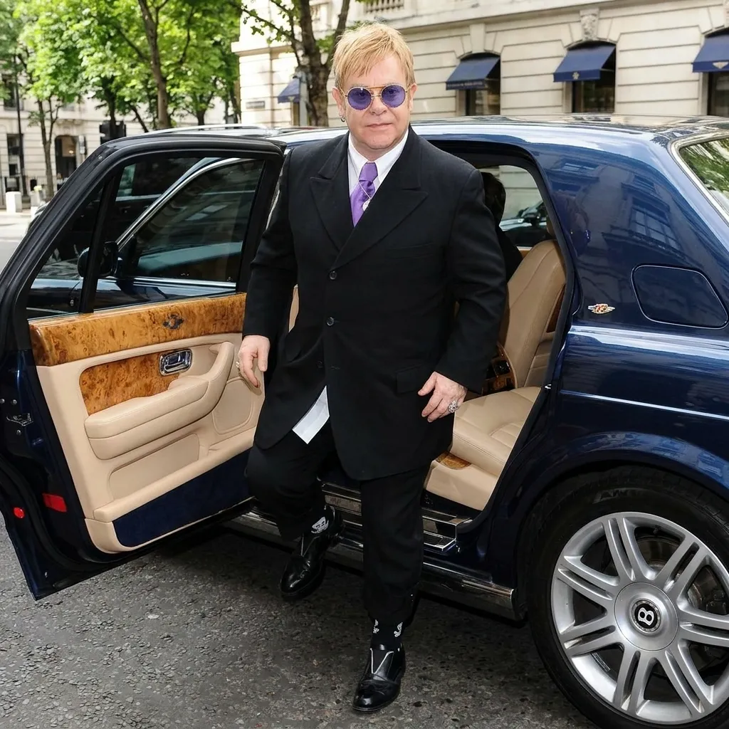 Elton John stepping out of a luxury car, wearing a black suit, purple tie, and signature purple-tinted round glasses