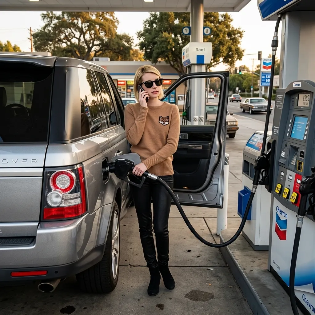 Emma Roberts talking on a cell phone, wearing dark sunglasses, a tan sweater with a fox patch, and black pants, pumping gas into a silver Range Rover at a Chevron station.