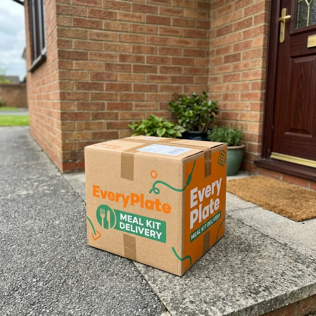 An EveryPlate meal kit delivery box sitting on the concrete doorstep of a brick house with a brown front door.