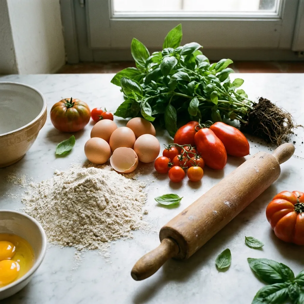 Fresh pasta ingredients including flour, eggs, tomatoes, and basil on a marble counter.