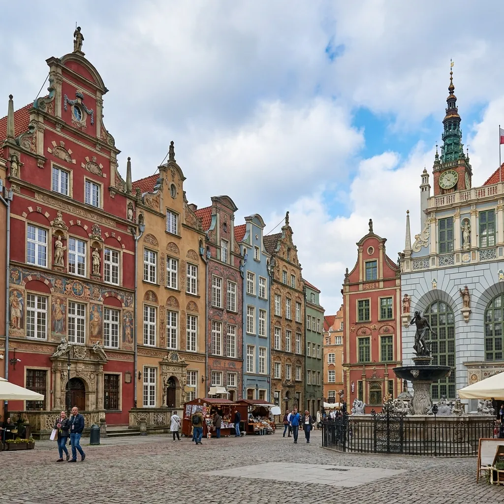 Vibrant historic buildings surrounding the charming Old Town square in Gdansk, Poland.