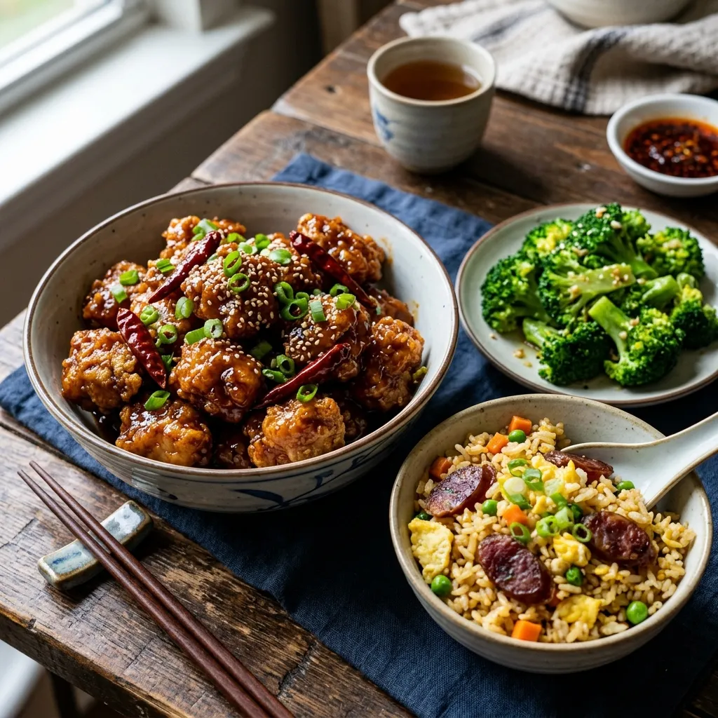 A large bowl of General Tso's chicken garnished with scallions and sesame seeds, served on a wooden table with sides of sausage fried rice and steamed broccoli.