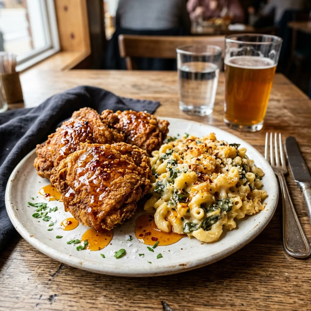Three crispy, glazed fried chicken thighs drizzled with sauce, plated next to creamy spinach macaroni and cheese on a wooden restaurant table.