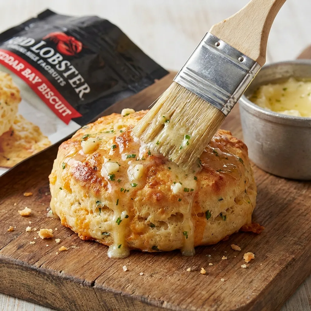 Close-up of a pastry brush applying melted garlic-herb butter onto a freshly baked Red Lobster Cheddar Bay Biscuit on a wooden cutting board.
