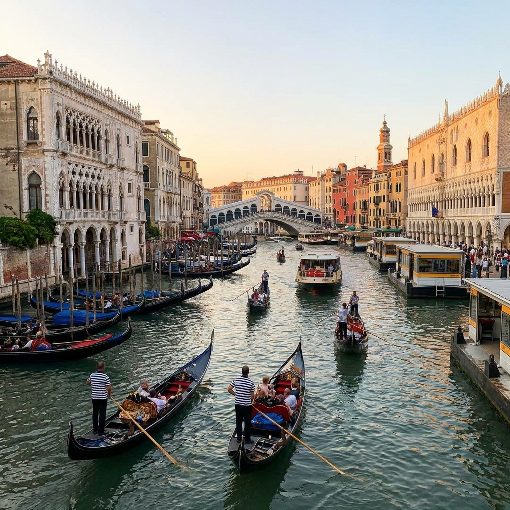 Gondolas navigating the historic Grand Canal lined with traditional Venetian architecture in Italy.
