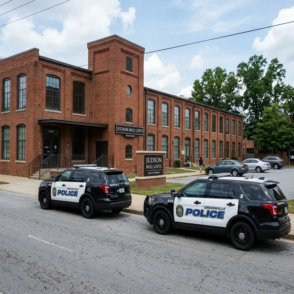 Greenville Police Department police cruisers parked outside the Judson Mill Lofts residential apartment complex in South Carolina
