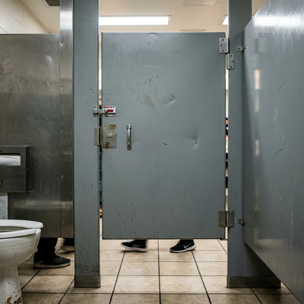 A closed, slightly dented grey metal door of a public restroom stall, showing large sightline gaps around the frame and the feet of a person inside.