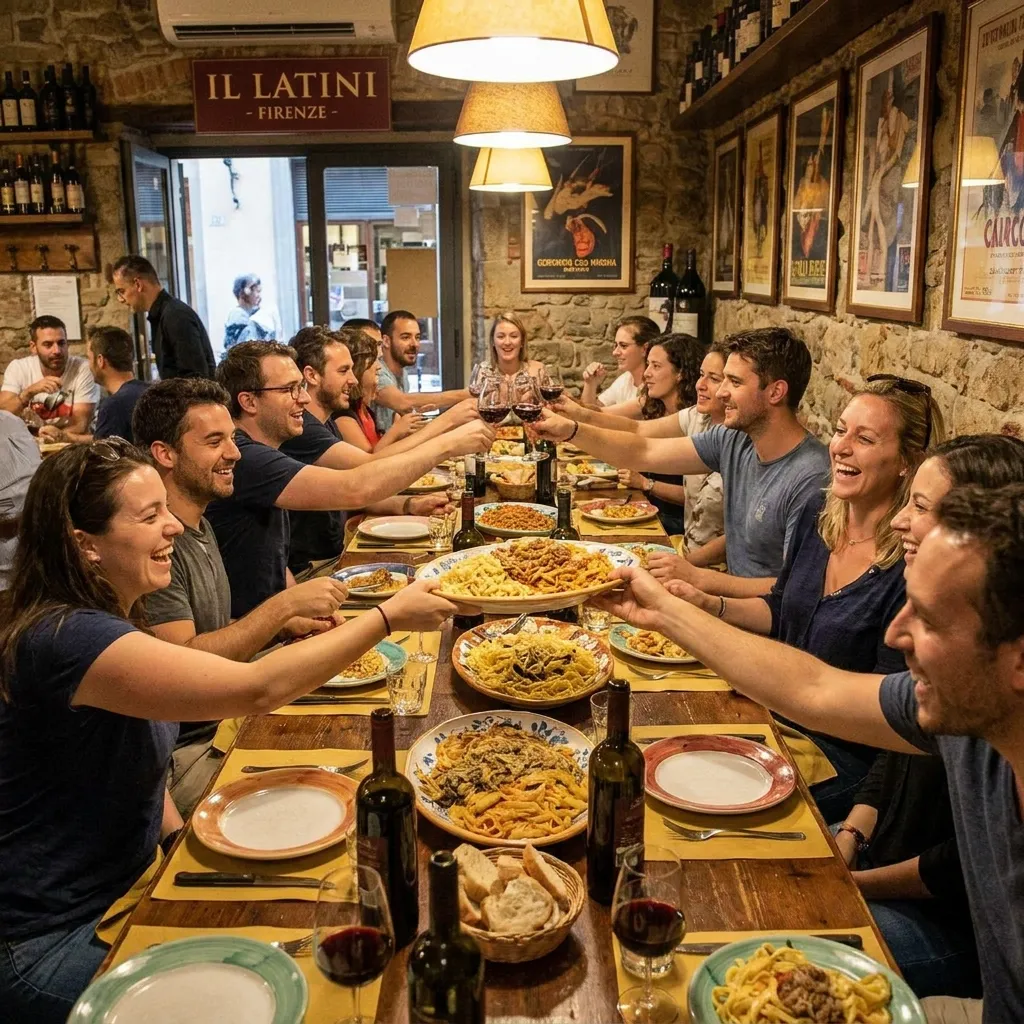 Large group of friends toasting wine and sharing pasta at a long restaurant table.