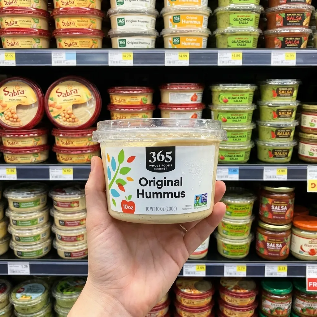 A hand holding a tub of 365 Whole Foods Market Original Hummus in front of a supermarket refrigerated shelf stocked with various other hummus brands.