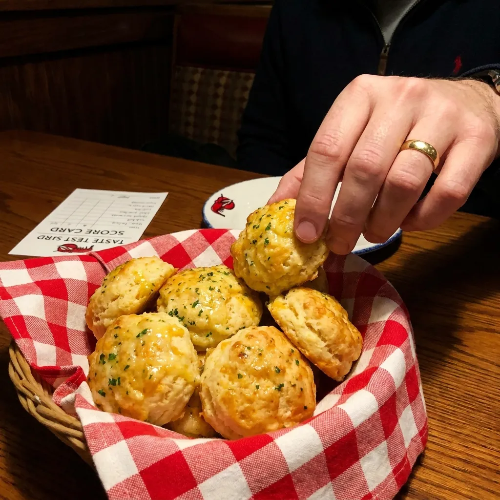 A person's hand reaching into a red and white checkered cloth-lined basket to grab a warm Red Lobster Cheddar Bay Biscuit at a restaurant table.