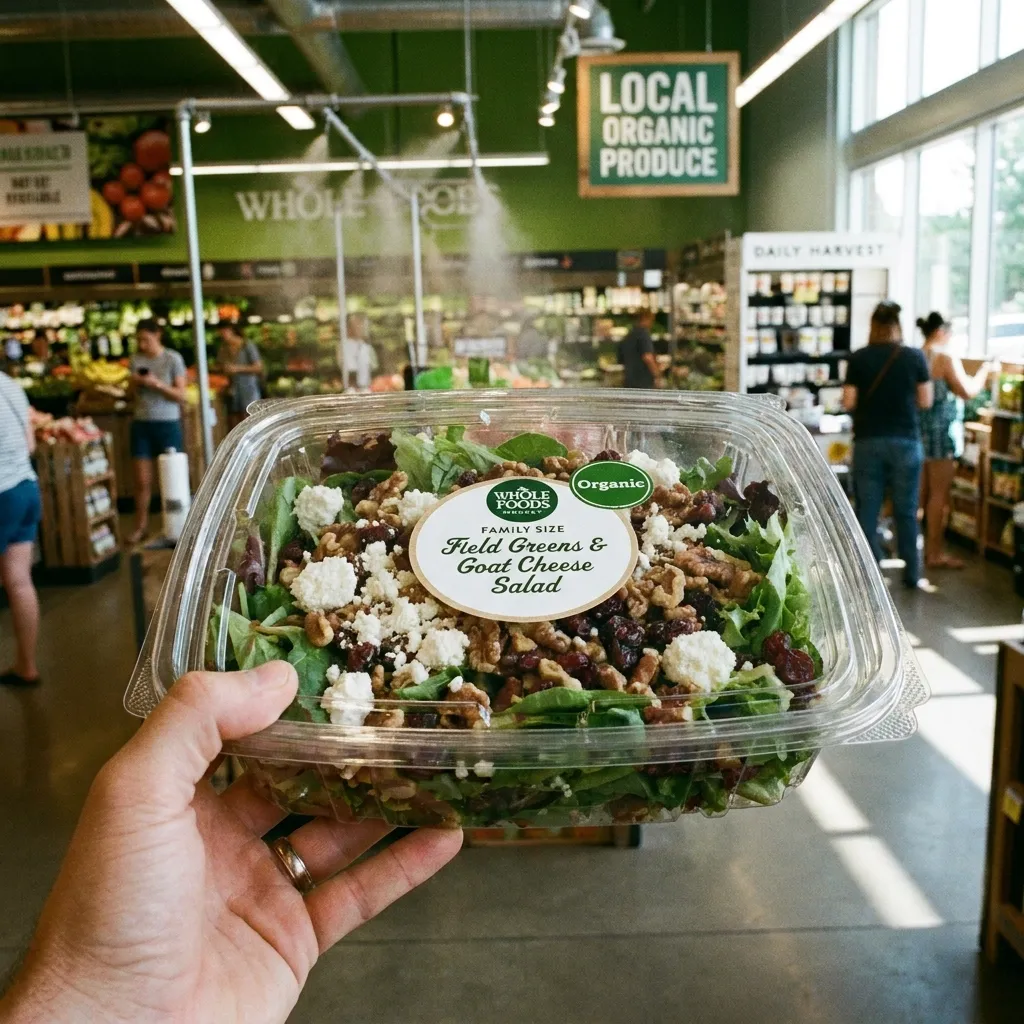 A hand holding a family-size container of Whole Foods Market organic field greens and goat cheese salad with walnuts and cranberries in a brightly lit grocery store produce department.