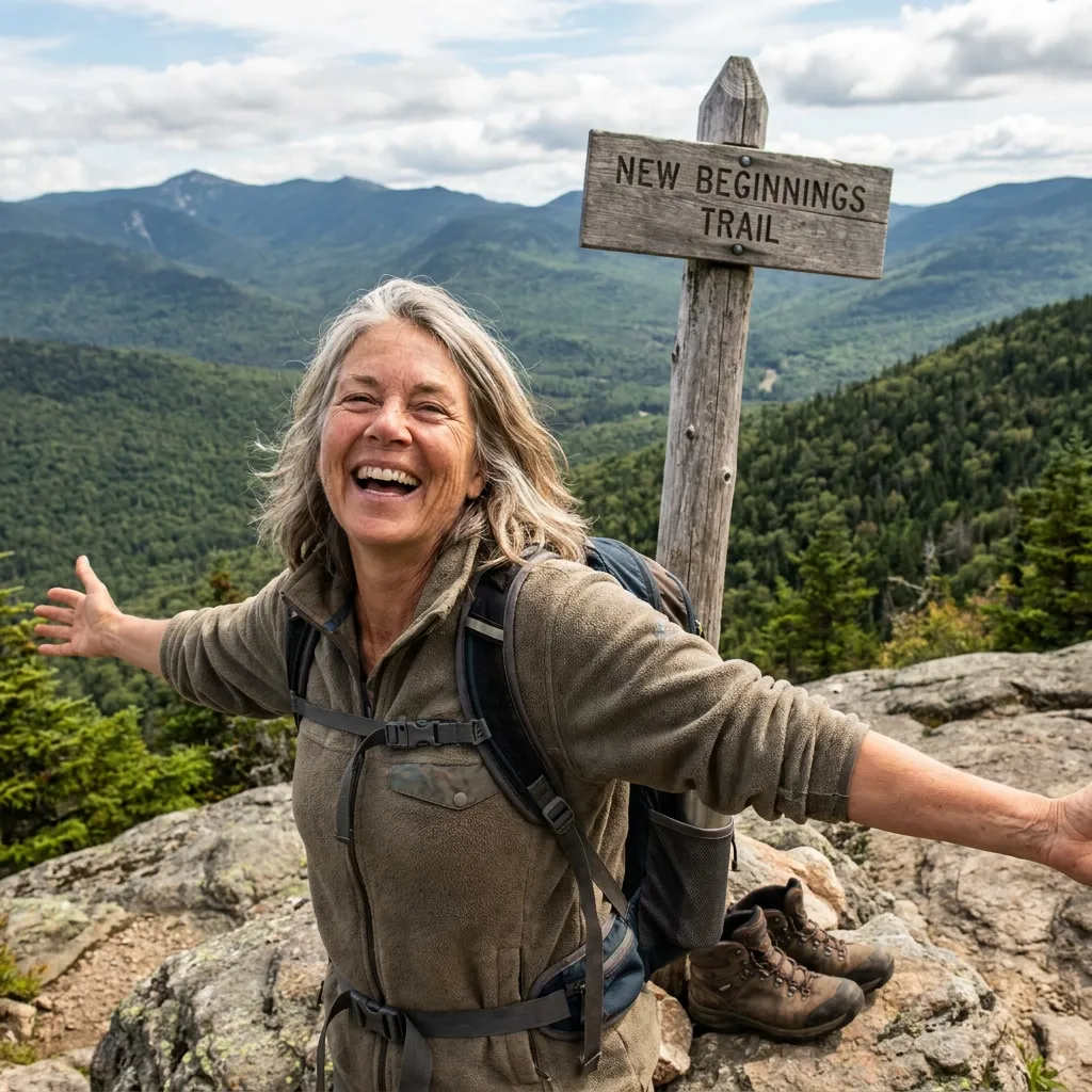 A joyful senior woman with gray hair stands on a rocky mountain peak with her arms outstretched in celebration, positioned next to a wooden signpost that reads "NEW BEGINNINGS TRAIL" with lush green mountains in the background.