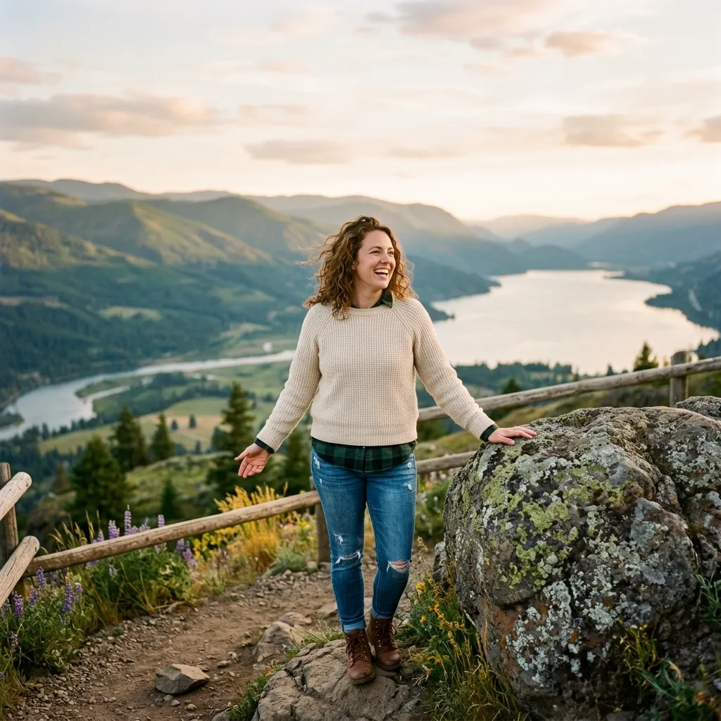 A joyful woman with curly hair standing on a hiking trail next to a large boulder, smiling as she looks out over a scenic river valley at golden hour.
