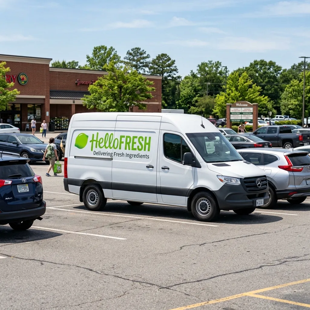 A white HelloFresh delivery van parked in a busy grocery store parking lot on a sunny day.