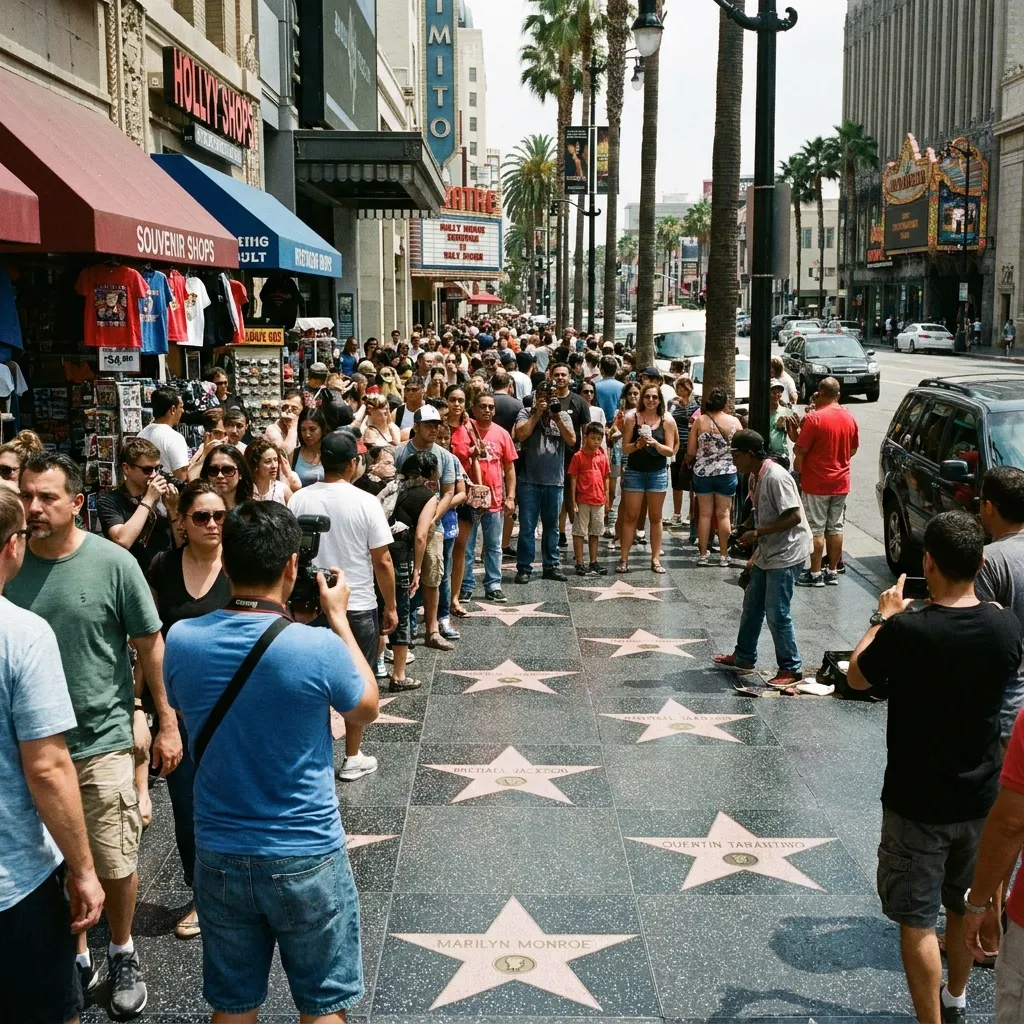 The crowded Hollywood Walk of Fame sidewalk featuring terrazzo stars and tourists.