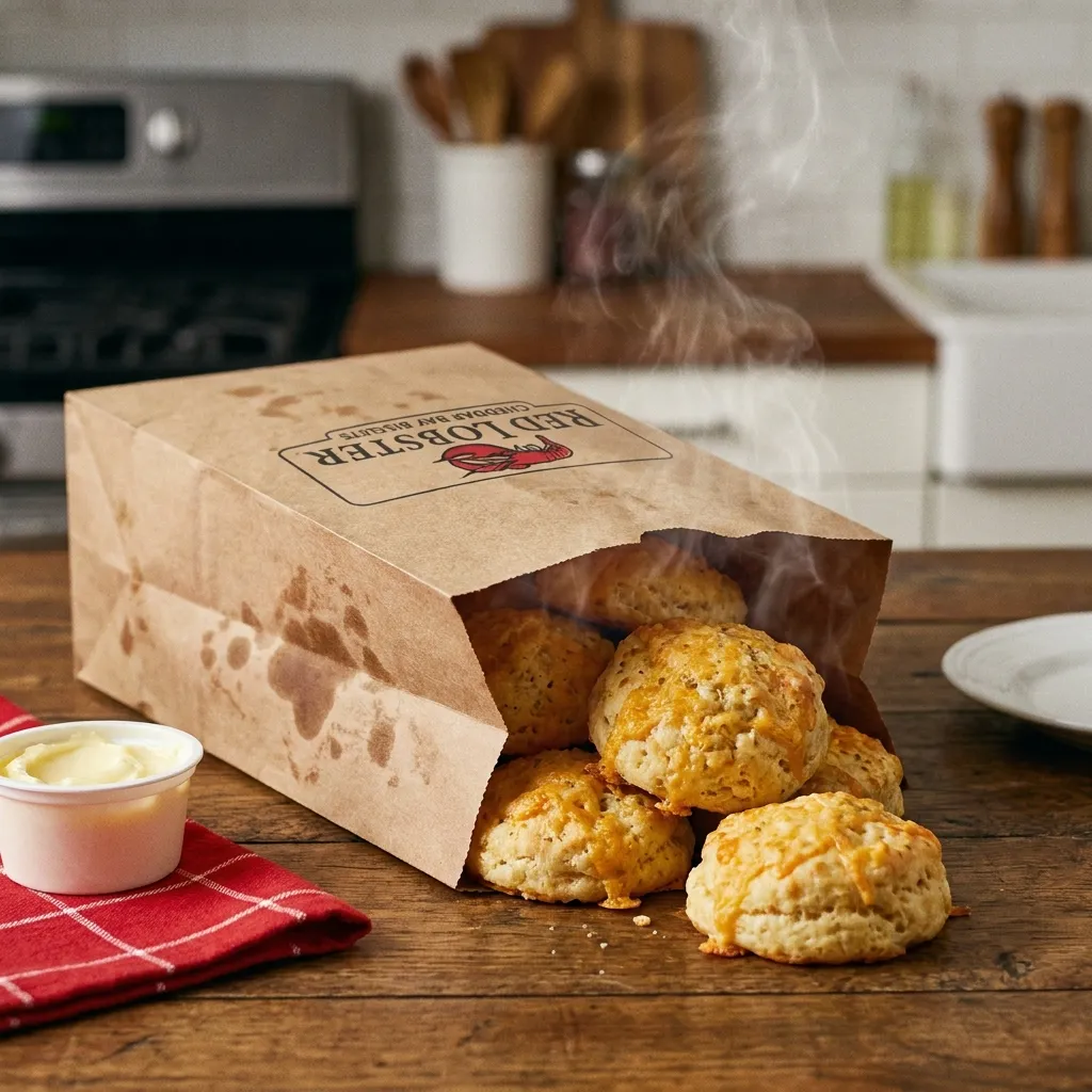 Hot, steaming Red Lobster Cheddar Bay Biscuits spilling from a branded brown paper takeout bag onto a wooden table, with a side of butter