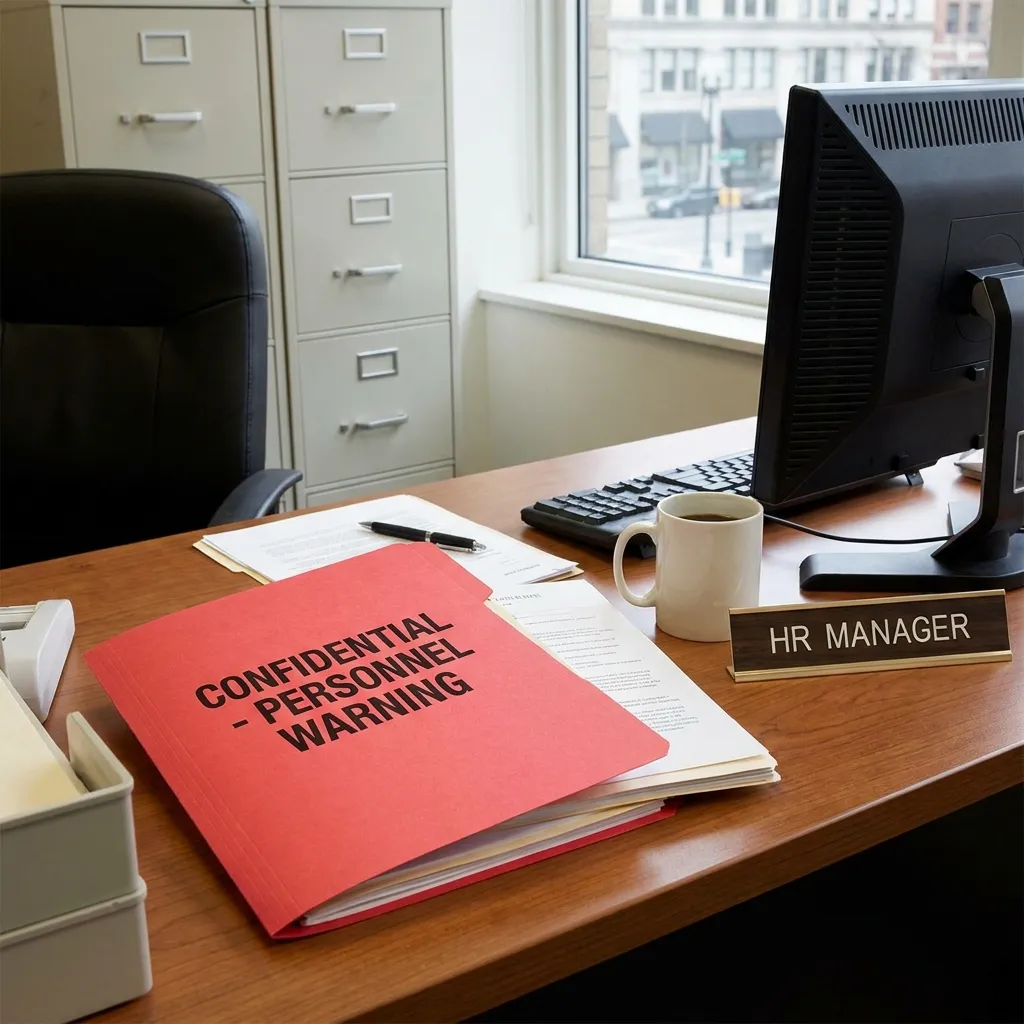 Red confidential personnel warning folder on an HR manager's desk.