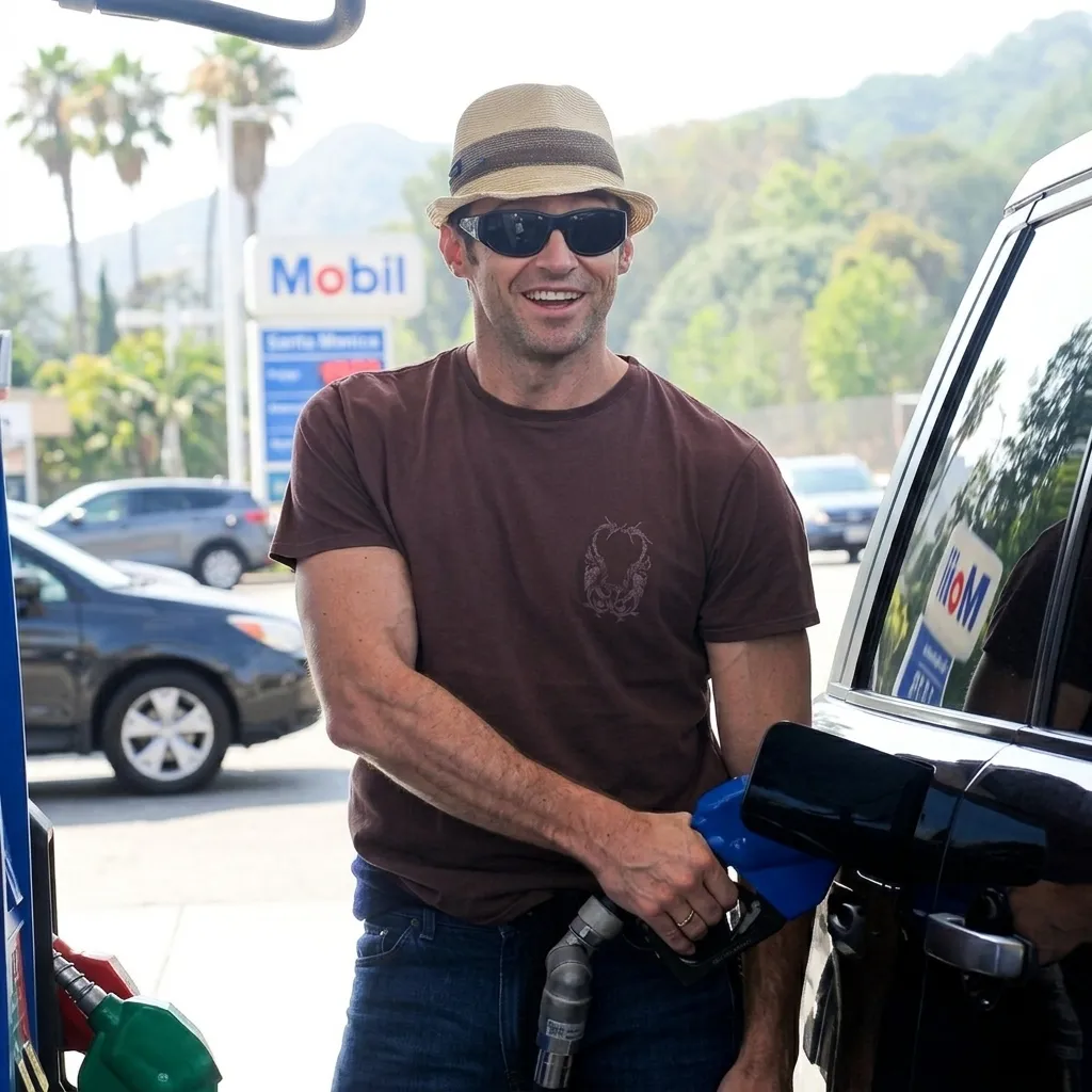 Hugh Jackman smiling while wearing a straw fedora, dark sunglasses, and a brown t-shirt, pumping gas into a black SUV.