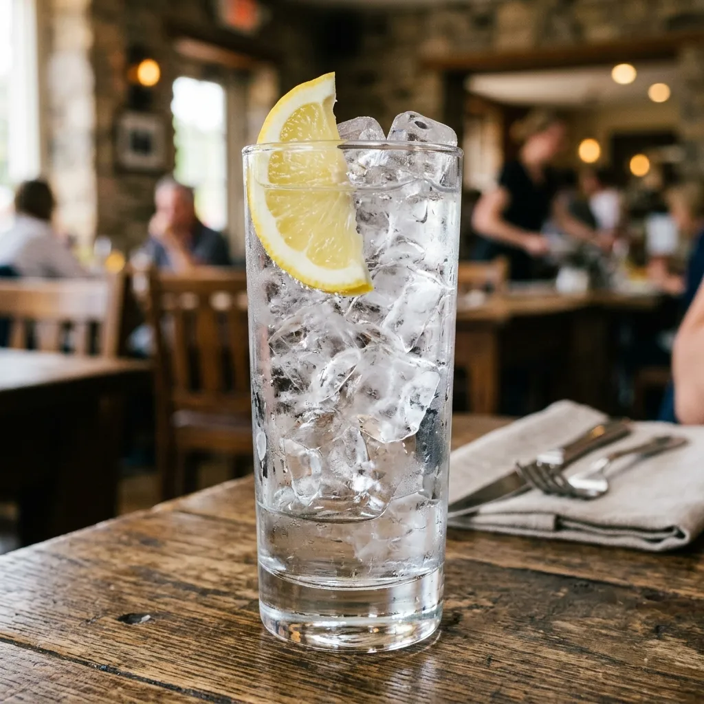 A tall, condensation-covered glass filled with ice water and garnished with a lemon slice, sitting on a rustic wooden table in a busy restaurant.