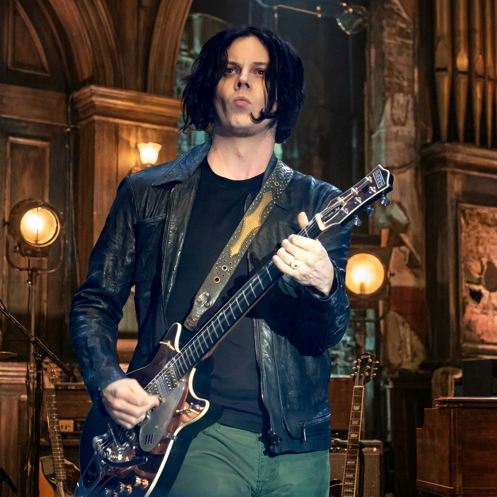Jack White playing an electric guitar on stage, wearing a black leather jacket in a dimly lit, vintage-style venue
