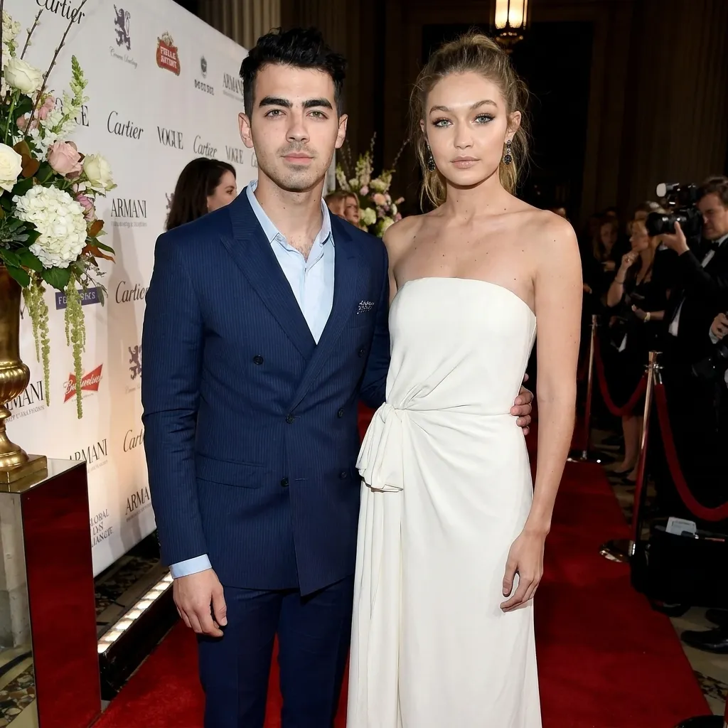 Joe Jonas and Gigi Hadid posing on a red carpet.
