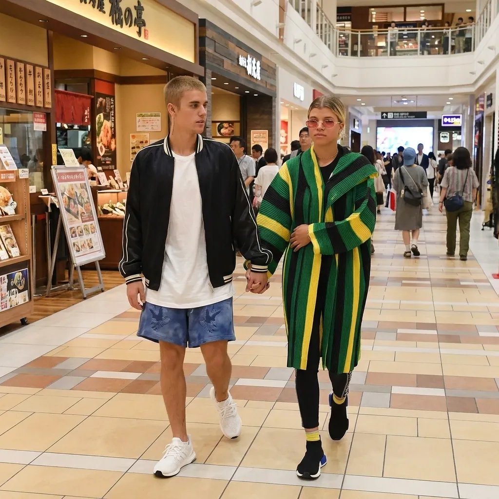 Justin Bieber and Sofia Richie holding hands while walking through a shopping mall.