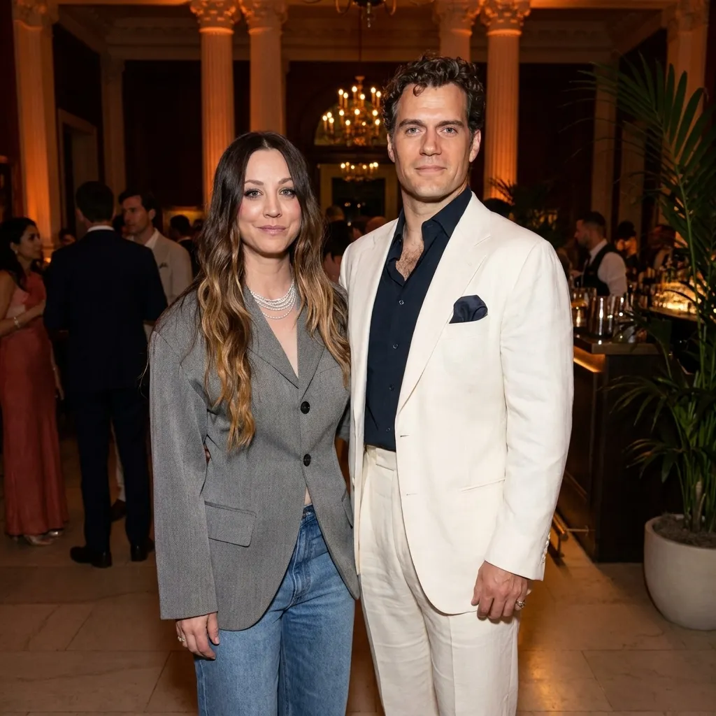 Kaley Cuoco and Henry Cavill posing together at an indoor event.