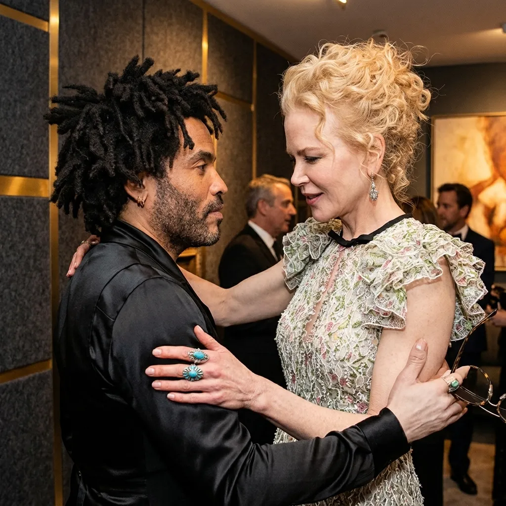Lenny Kravitz and Nicole Kidman standing close with their arms on each other, engaged in conversation at an event.
