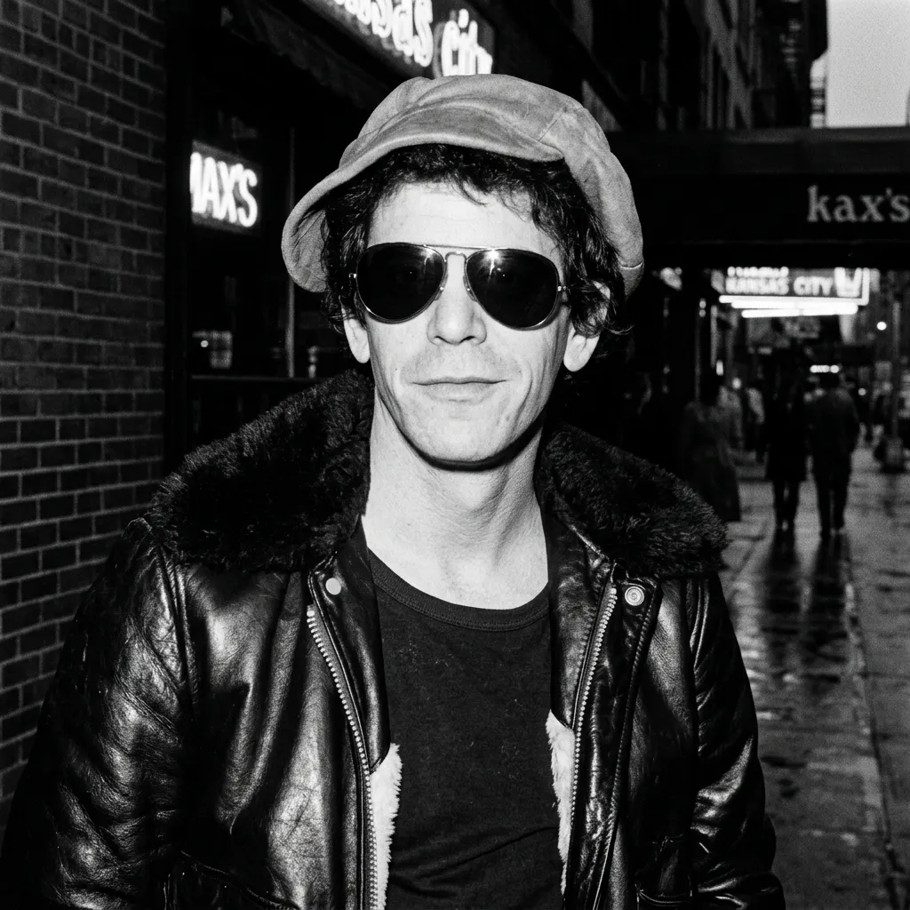 Black and white portrait of Lou Reed wearing a leather jacket with a fur collar, aviator sunglasses, and a cap on a city street
