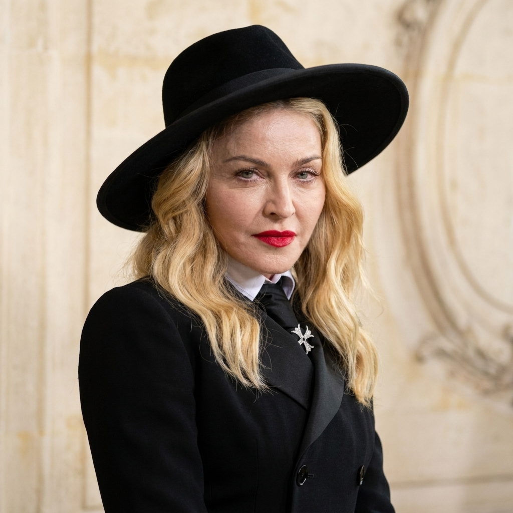 Madonna posing in a tailored black suit, white collared shirt, black wide-brimmed hat, and bright red lipstick