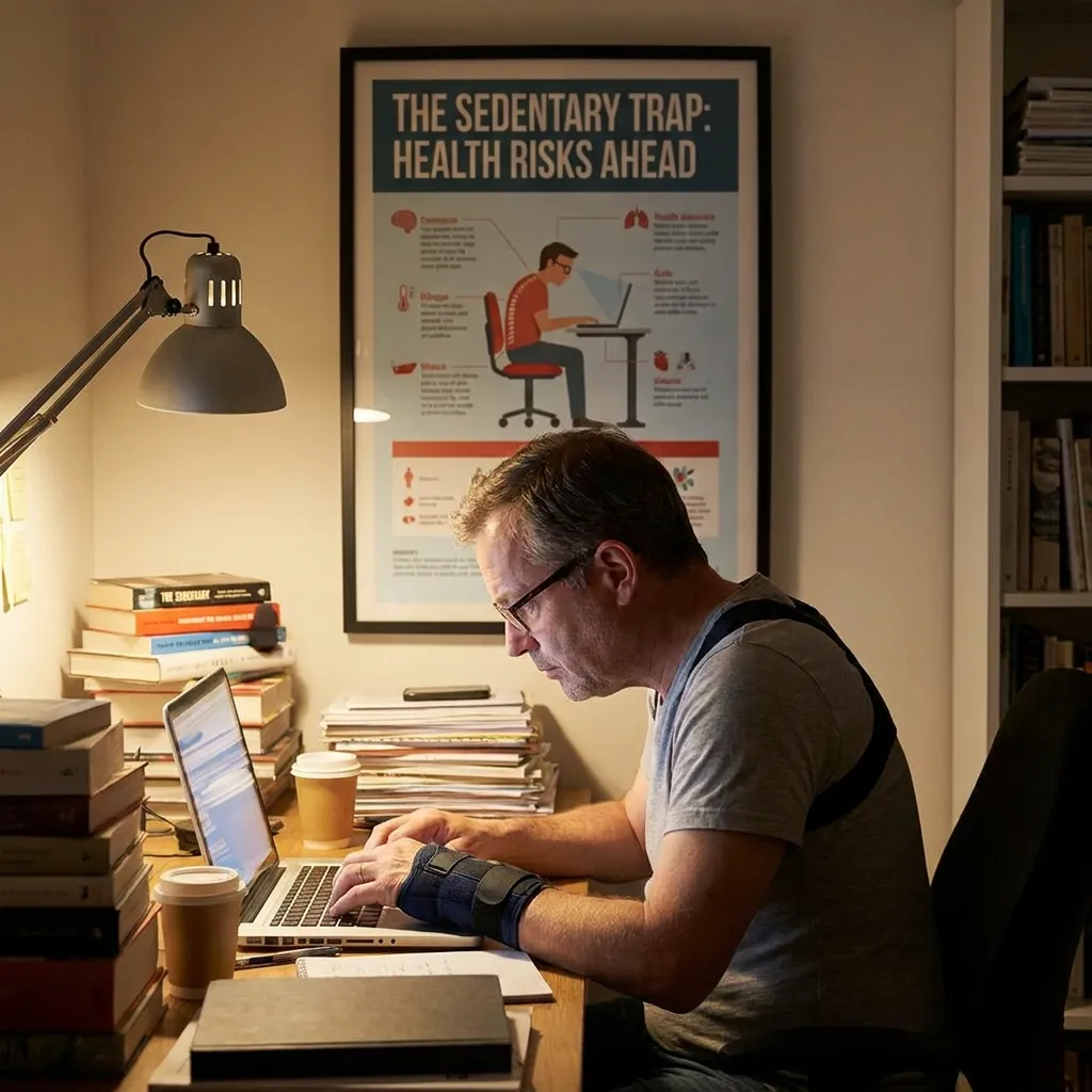 A focused person sitting at a desk typing on a laptop, emphasizing the dangers of a sedentary lifestyle