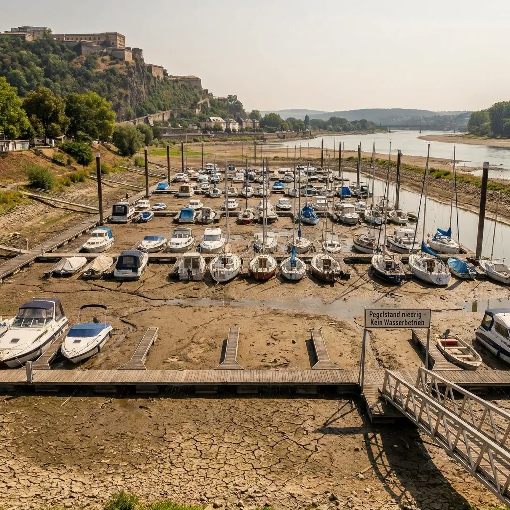 Dozens of recreational boats left grounded in a marina completely drained of water, showing deeply cracked mud and a hillside fortress in the background.