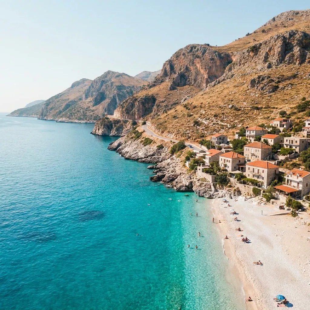 Crystal-clear turquoise water along the scenic mountain coastline of the Albanian Riviera.