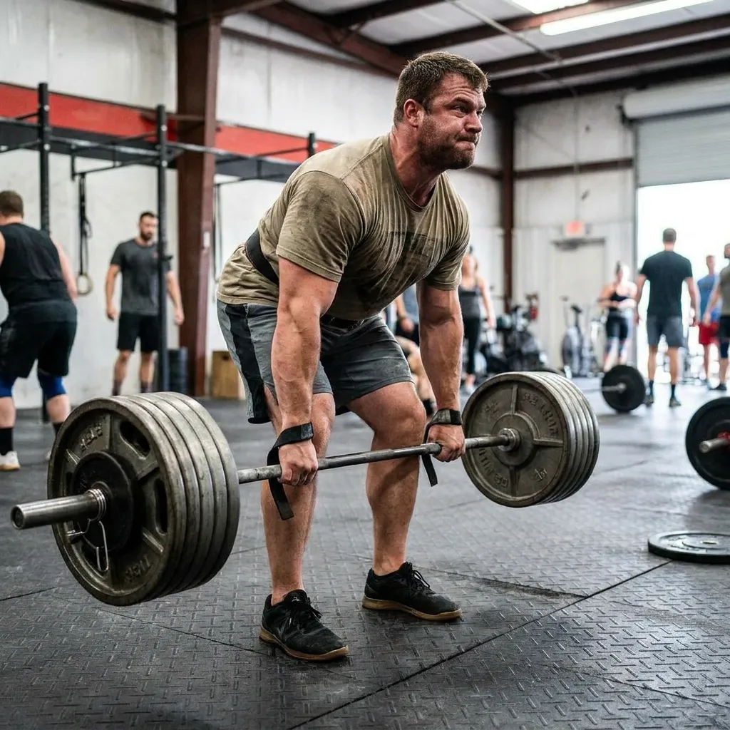 A strong person in gym gear performing a deadlift with a barbell to build muscle mass