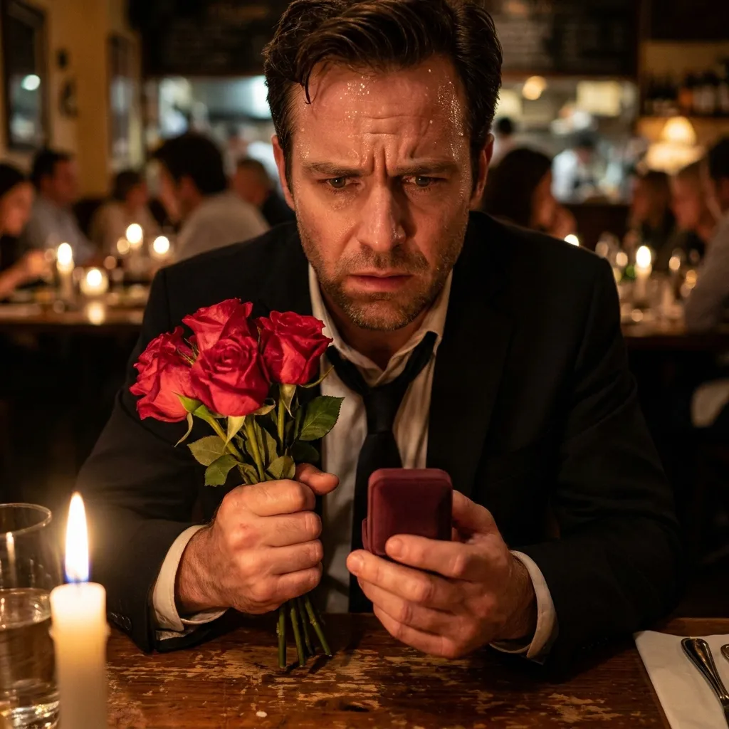 A visibly sweating and anxious man in a dark suit sits at a candlelit restaurant table, tightly clutching a bouquet of red roses in one hand and looking nervously at a closed ring box in his other hand