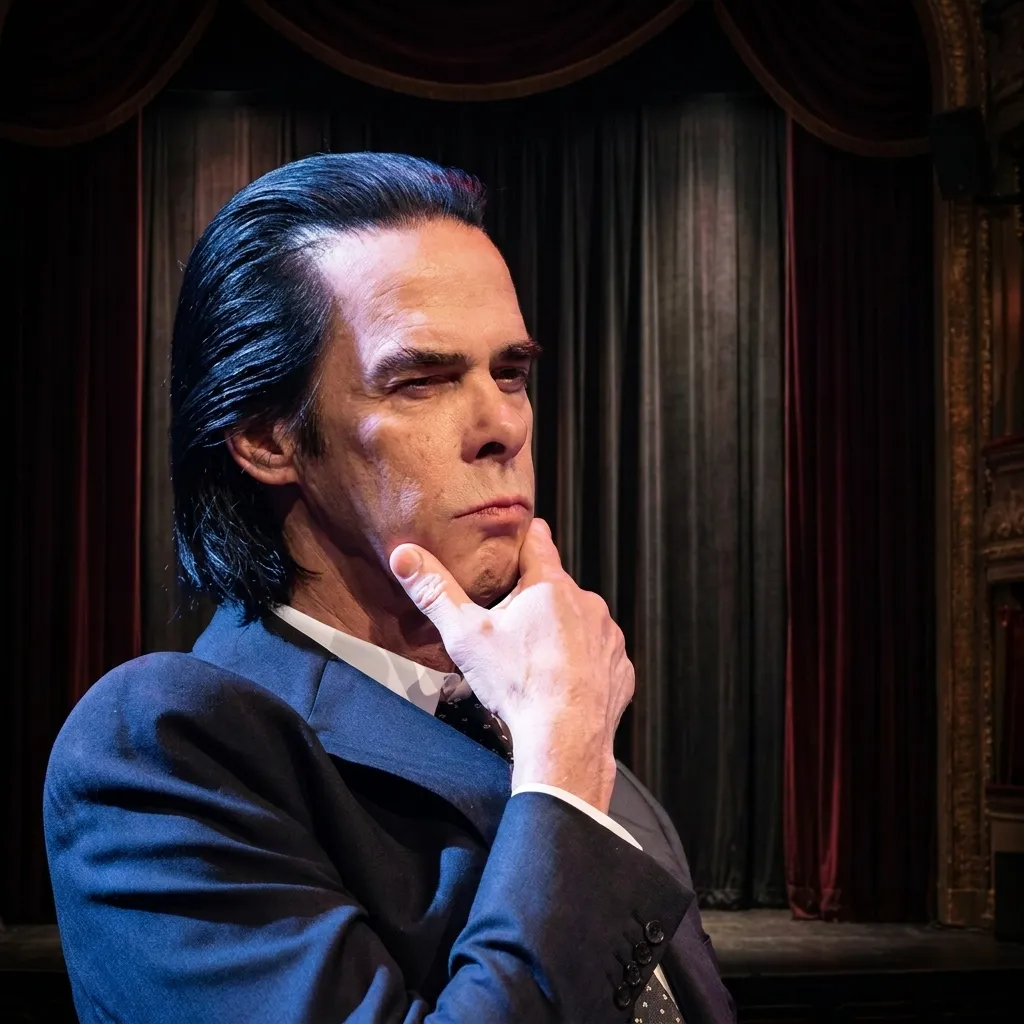 Nick Cave looking pensive on stage, wearing a dark suit with his hand resting on his chin against a backdrop of theatrical curtains