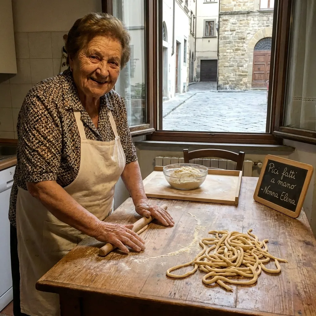 Smiling older woman rolling fresh handmade pasta dough on a wooden kitchen table.