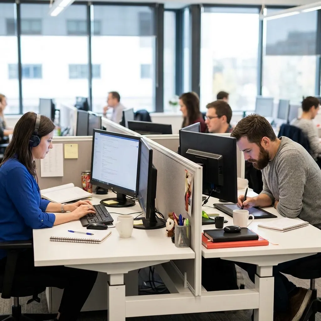 Employees working at computers in an open-plan office.