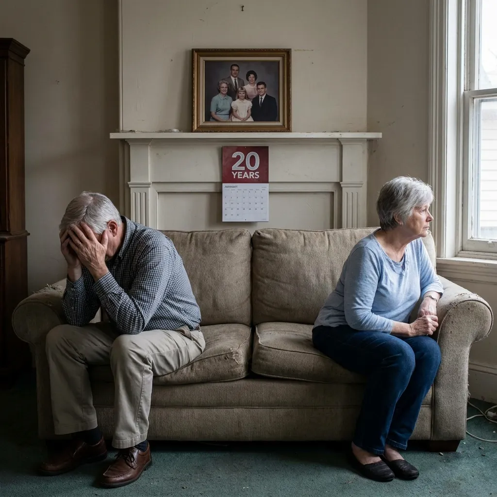 An older man and woman sit far apart on opposite ends of a worn living room couch, displaying emotional distance. The man has his face buried in his hands, while the woman stares solemnly away from him.