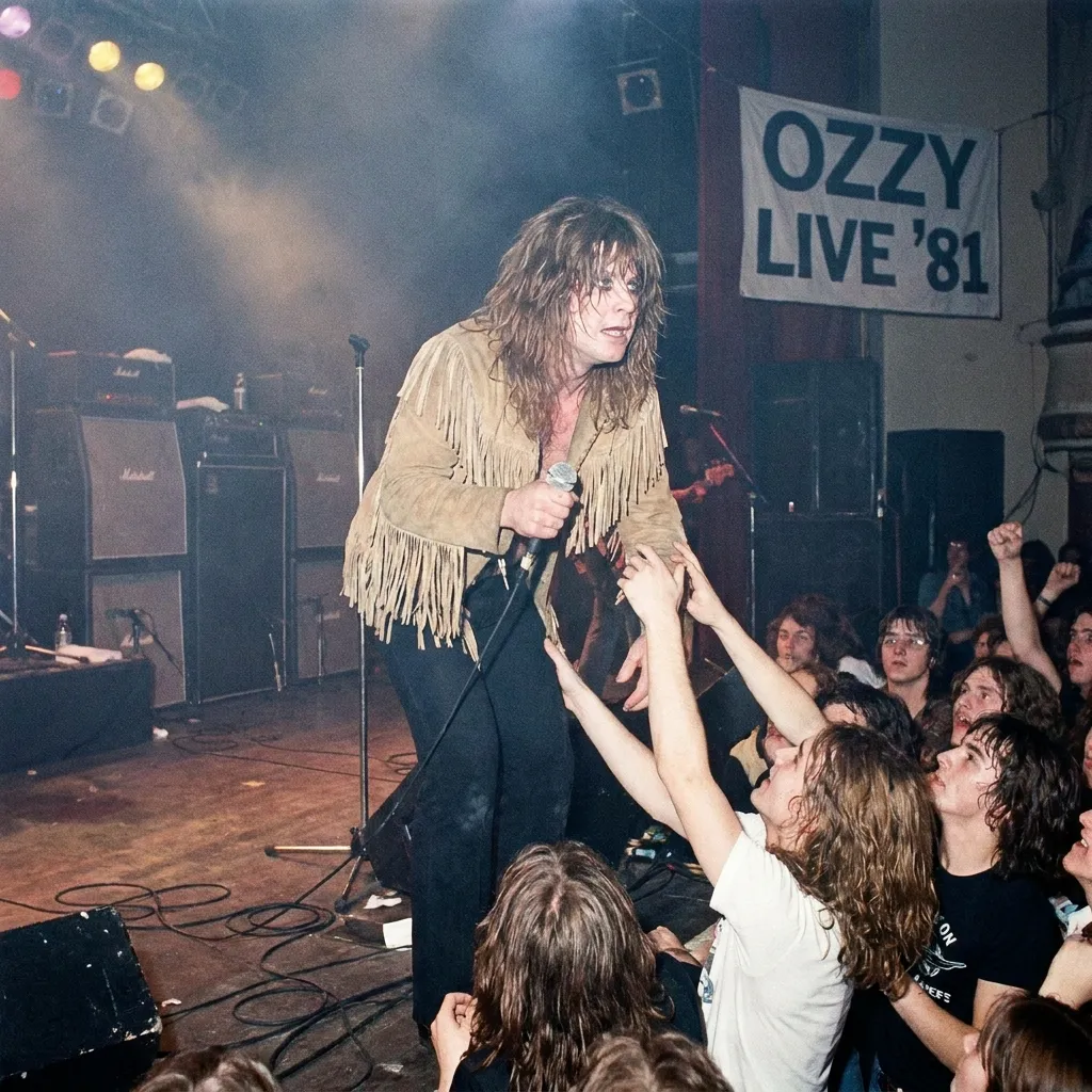 Ozzy Osbourne singing on stage in a fringed jacket while fans reach out to him.