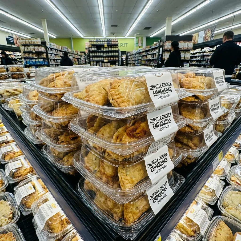 Clear plastic containers filled with Whole Foods Market sweet and spicy honey chipotle boneless chicken bites stacked on a wooden retail display table.