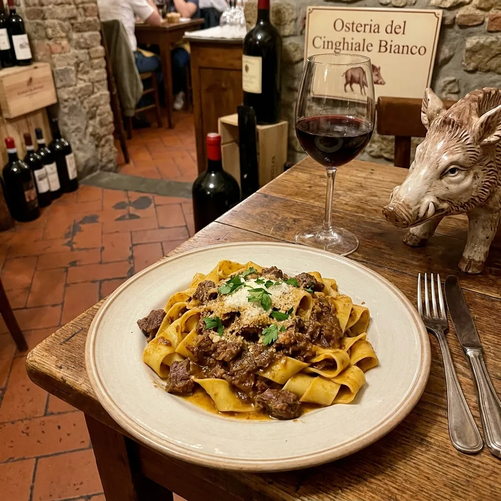 Plate of pappardelle with meat ragu and a glass of red wine on a wooden table.