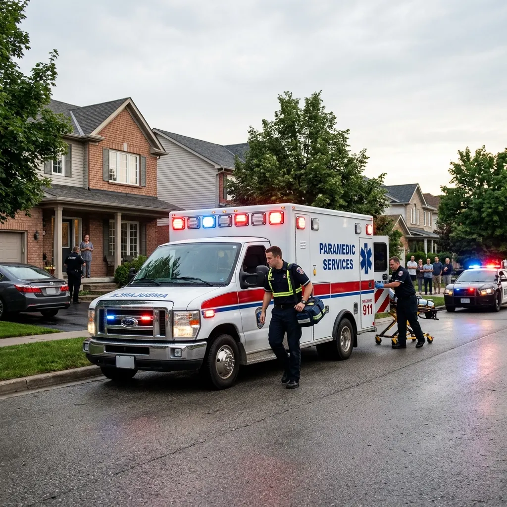 Ambulance and emergency medical responders arriving at a residential scene with flashing lights