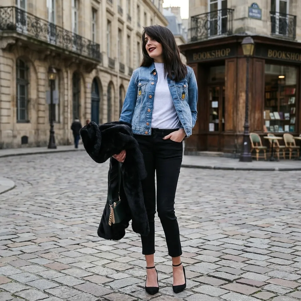 Fashion blogger wearing black cropped skinny jeans, black heels, and a denim jacket