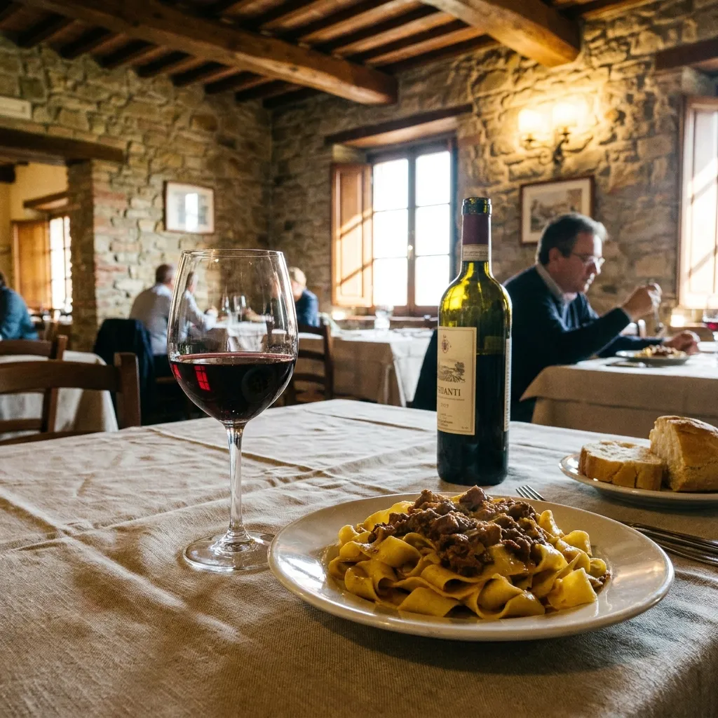 Fresh pasta with meat sauce, red wine, and bread at a rustic restaurant table.