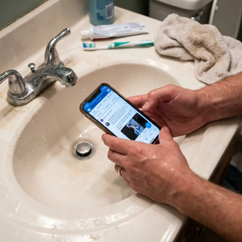 Person holding a smartphone over a stained bathroom sink.