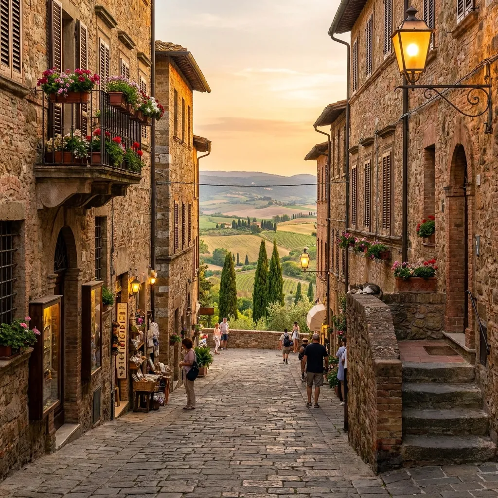 Historic cobblestone street in Pienza with stone buildings overlooking rolling green Tuscan hills.