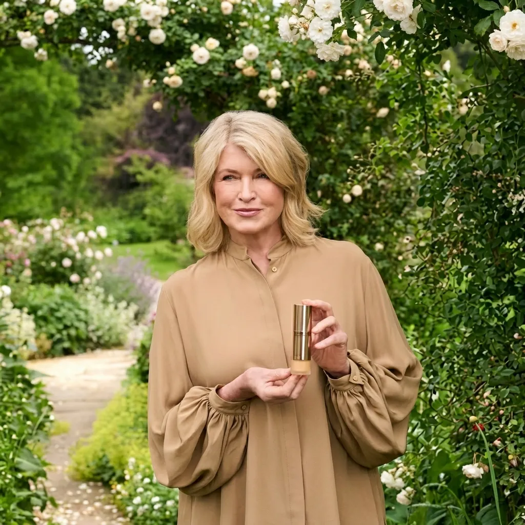 Martha Stewart holding a skincare product bottle in a lush garden surrounded by white rose bushes.