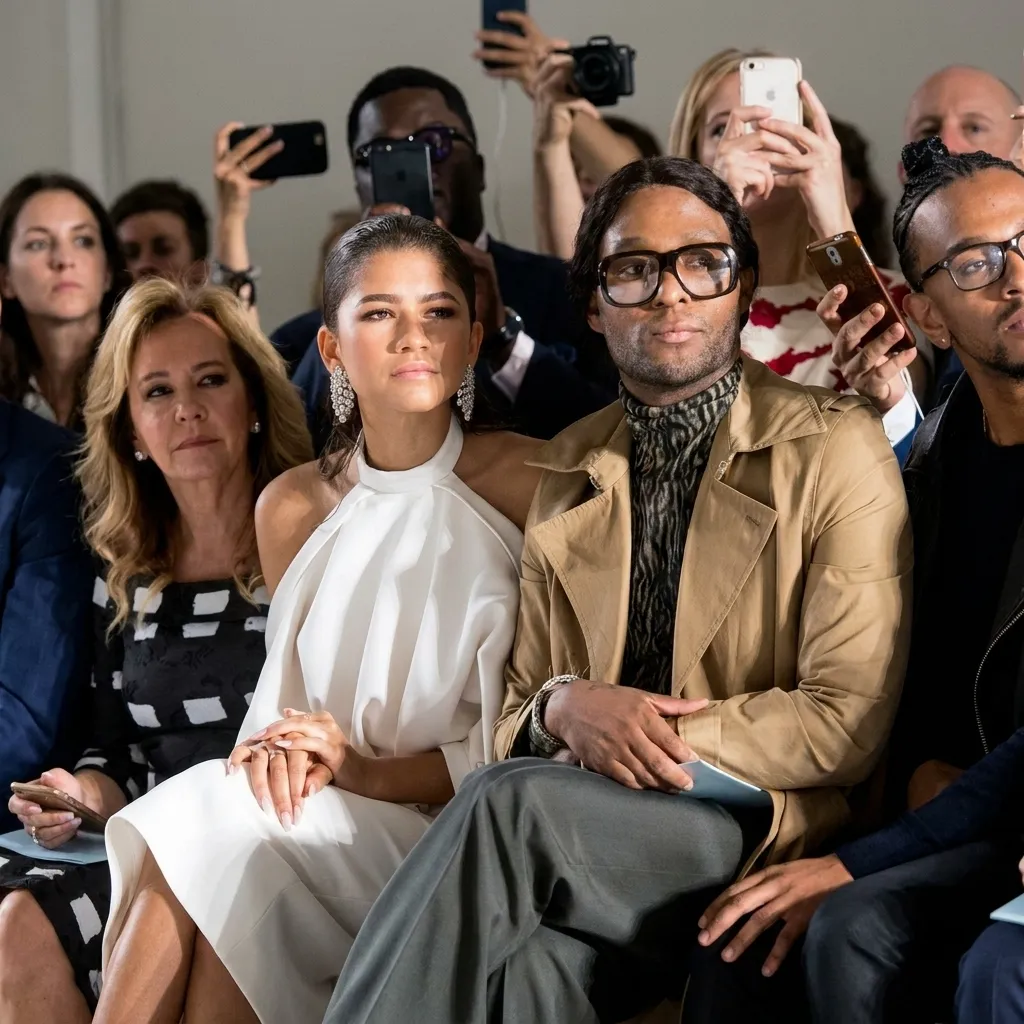 Zendaya and stylist Law Roach sitting in the front row of a fashion show, surrounded by audience members taking photos on their phones.