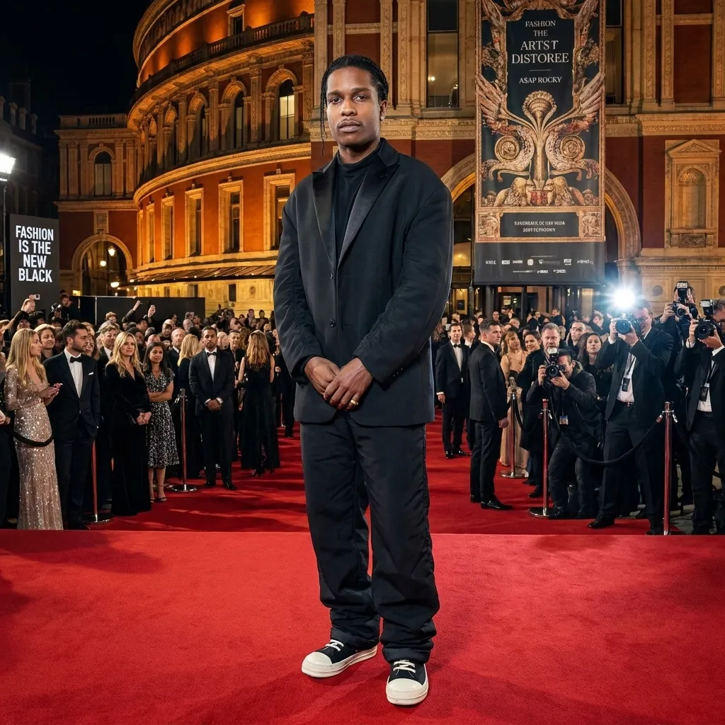 ASAP Rocky posing confidently on a red carpet at a major fashion event, showcasing his individual success and style